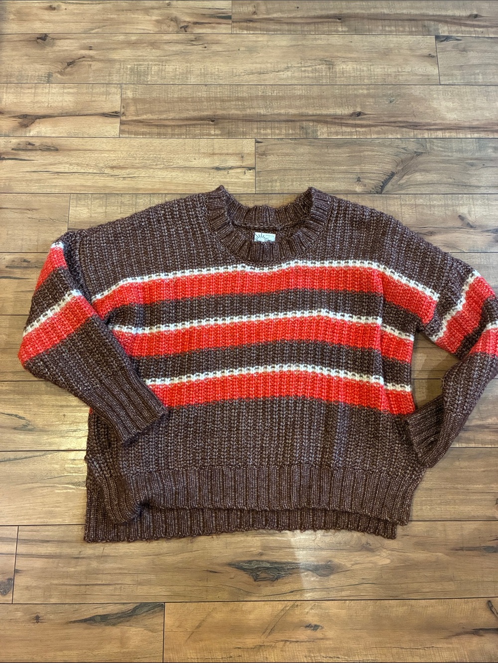 aerie Brown Crewneck Sweater with Orange and Cream Stripes